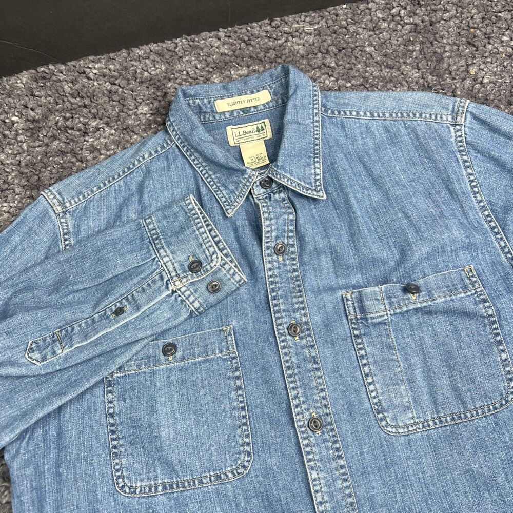 L.L. Bean Mens M Tall Slightly Fitted Blue Denim Shirt Button Down Cotton 291571